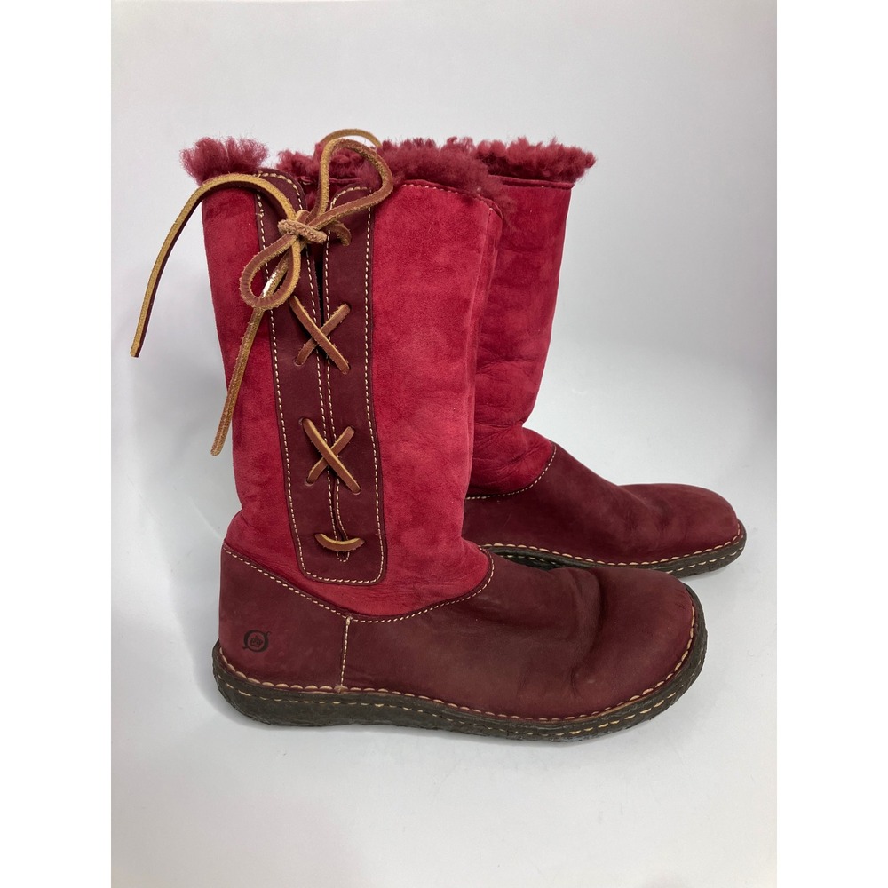 Born Mid-Calf Boots Womens 8 Red Burgundy Excellent Suede Faux Fur Lace Up W9647